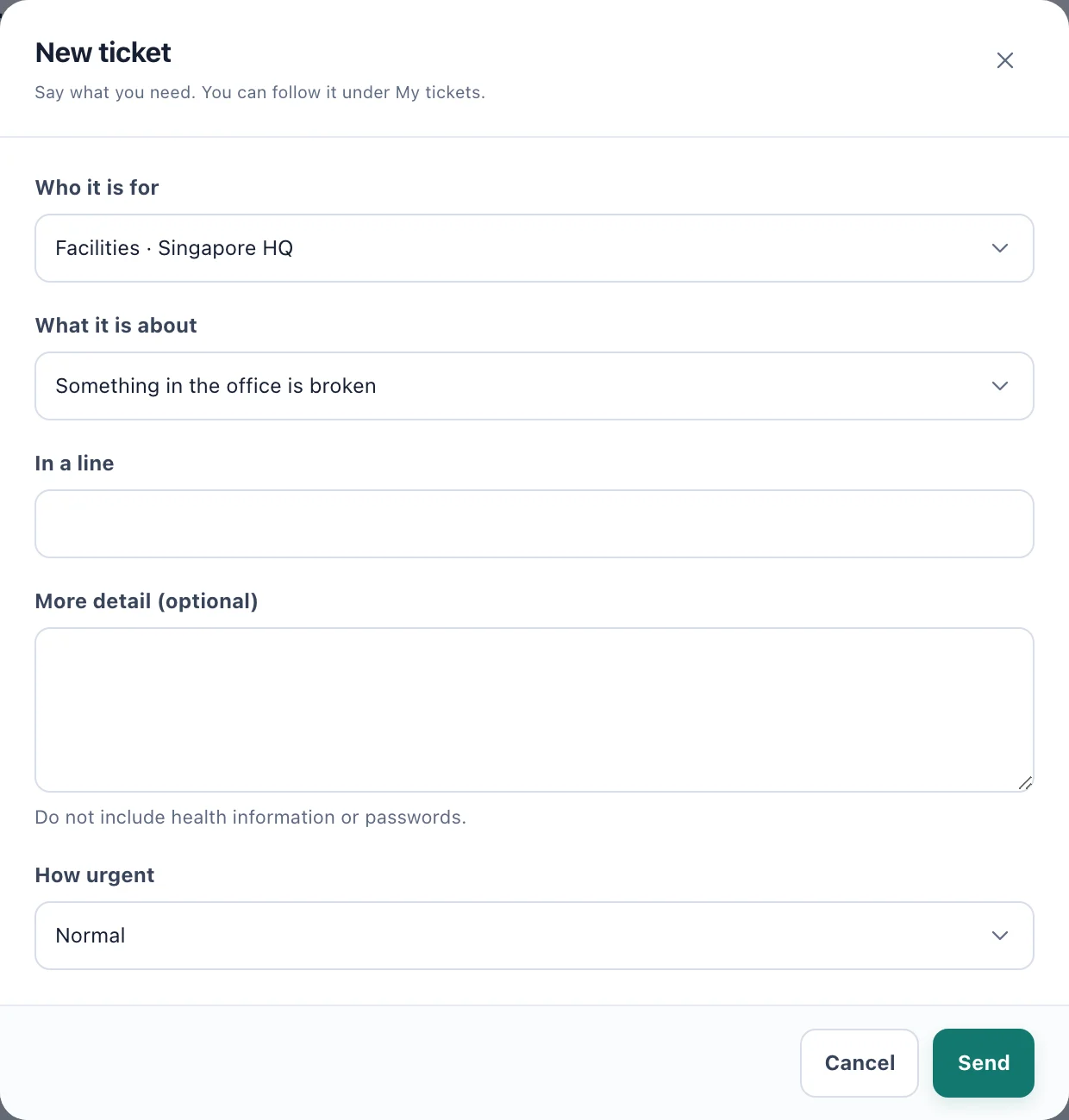 The New ticket dialog with Who it is for, What it is about, In a line, More detail and How urgent