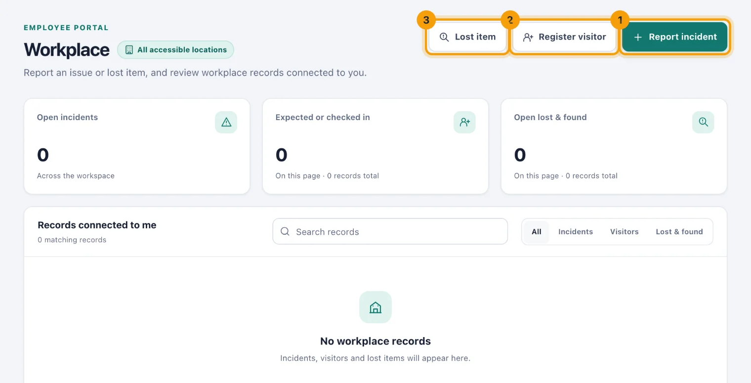 The Workplace page with Report incident, Register visitor and Lost item ringed