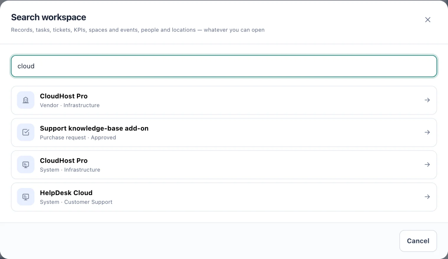 The Search workspace dialog with results for cloud