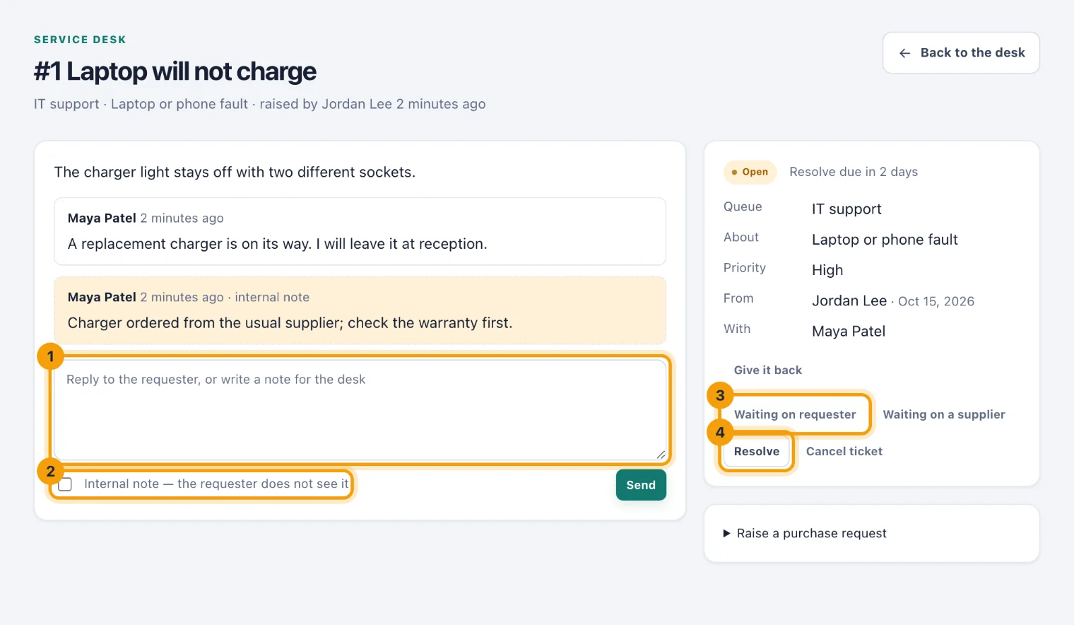 A ticket's page with the reply box, the internal note option and the status buttons ringed