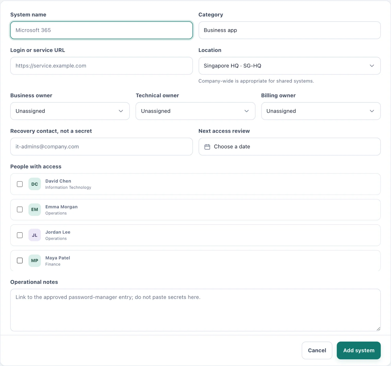 The Add company system page, with the owners, recovery contact, review date and the list of people with access