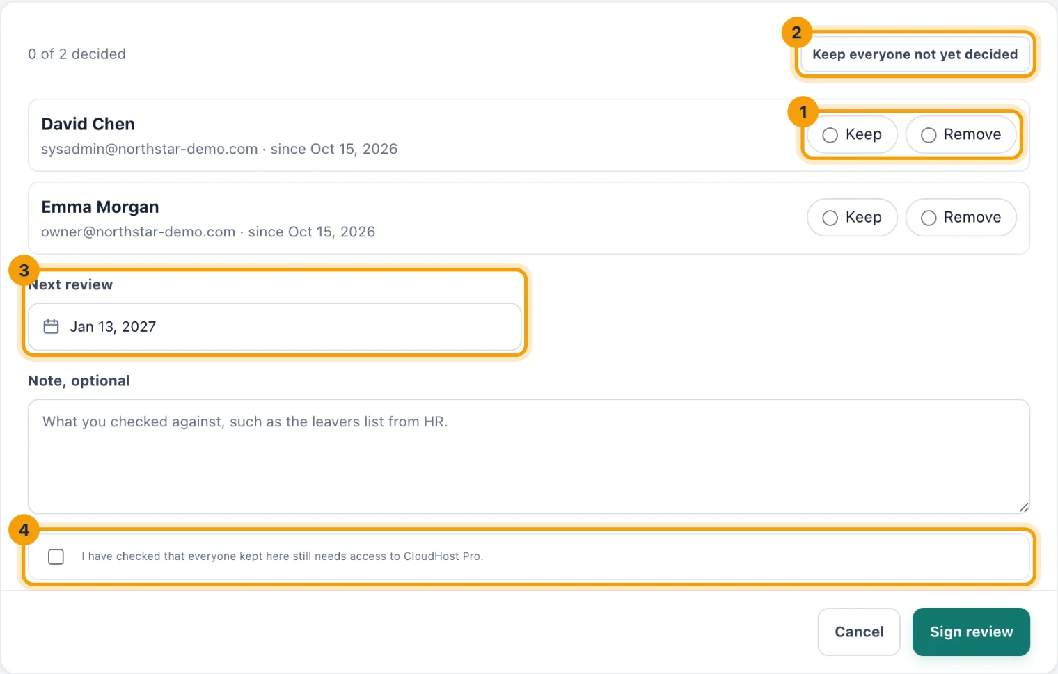 The access review page with a person's Keep and Remove choice, Keep everyone not yet decided, the next review date and the confirmation ringed