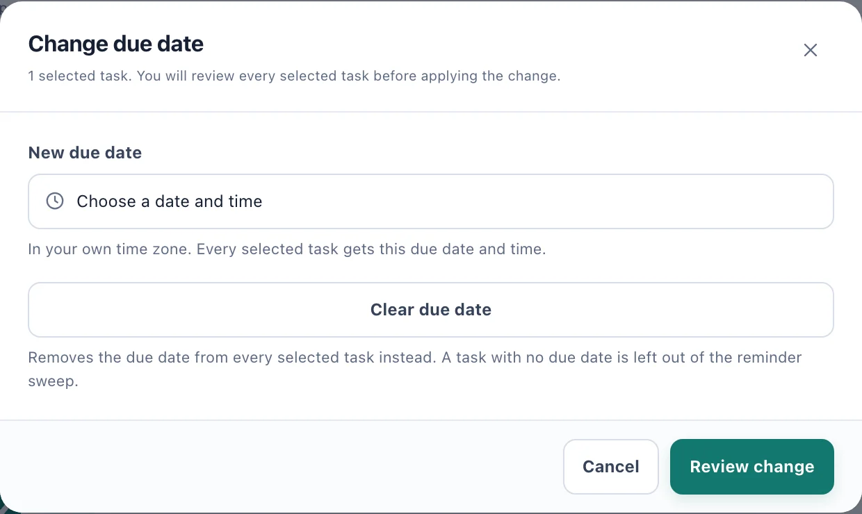 The Change due date dialog with New due date and Clear due date