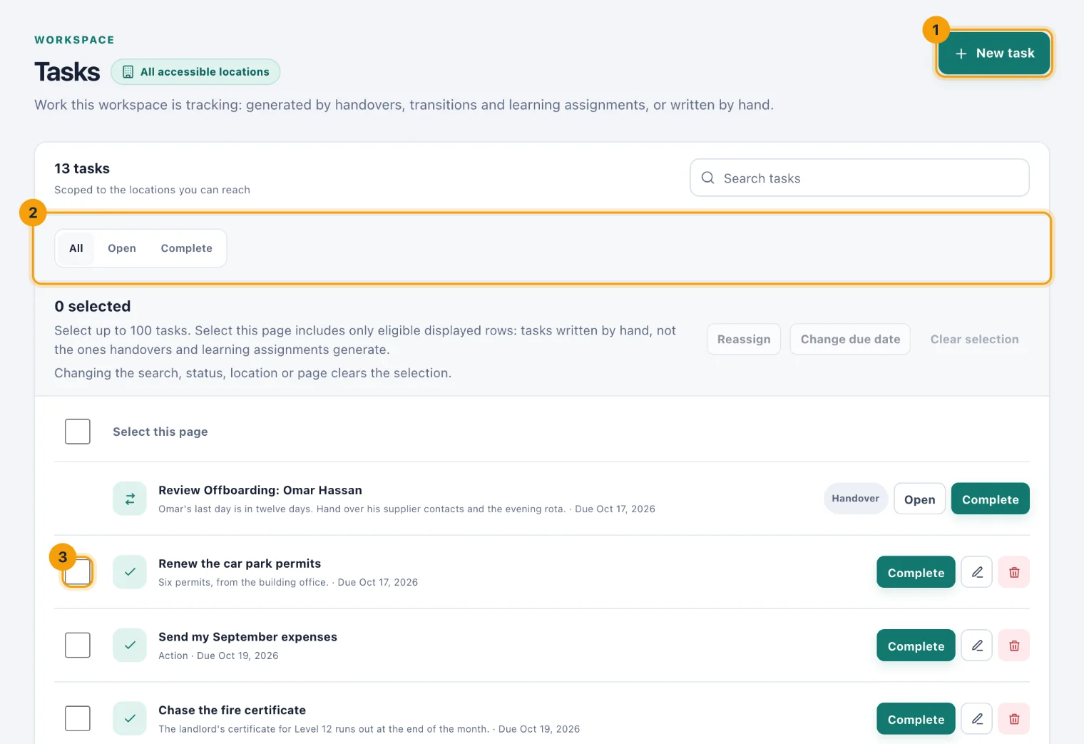 The Tasks page with New task, the status tabs and a task's checkbox numbered