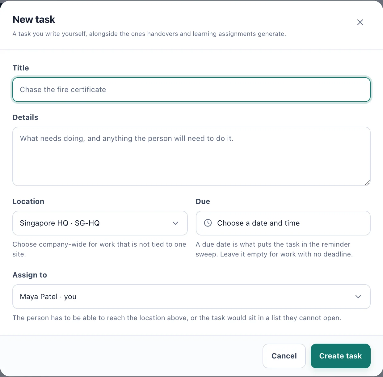 The New task dialog with Title, Details, Location, Due and Assign to