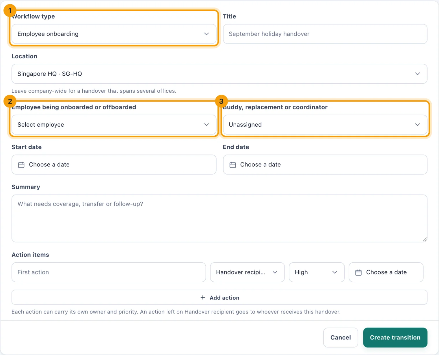 The Start employee transition page with the type, the employee and the buddy or replacement ringed
