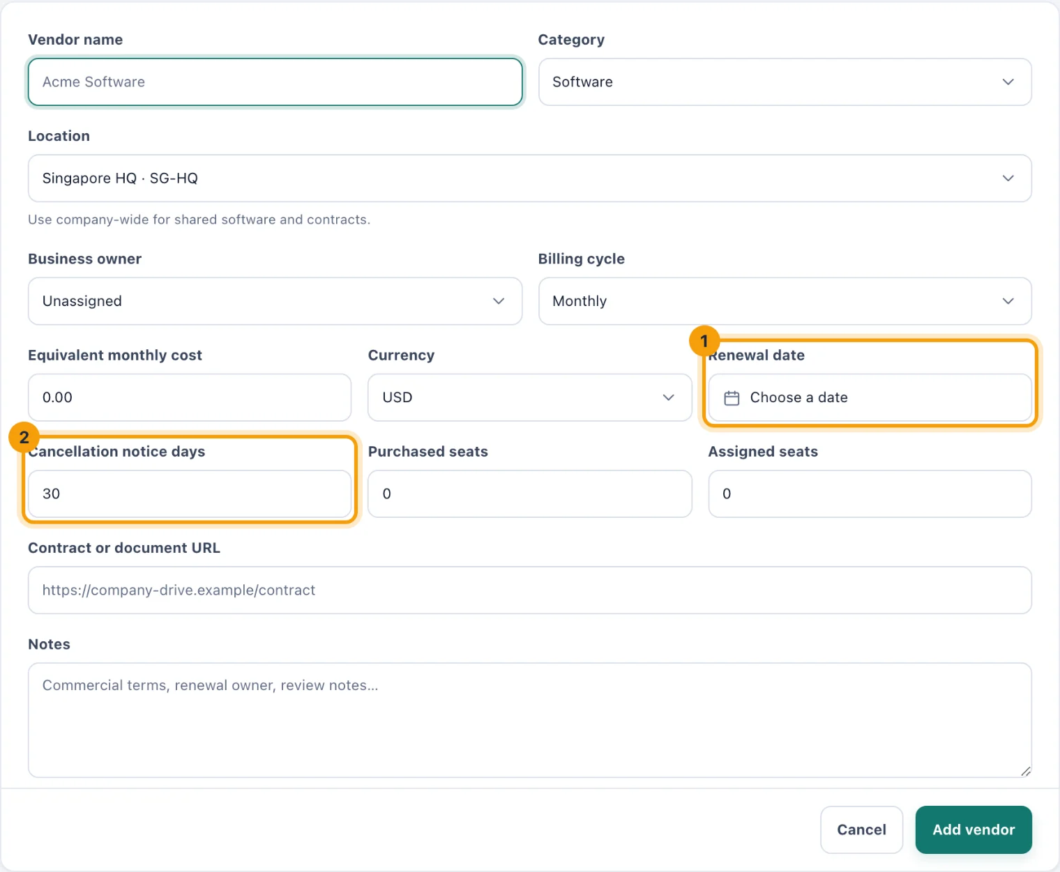 The Add vendor or subscription page with Renewal date and Cancellation notice days ringed