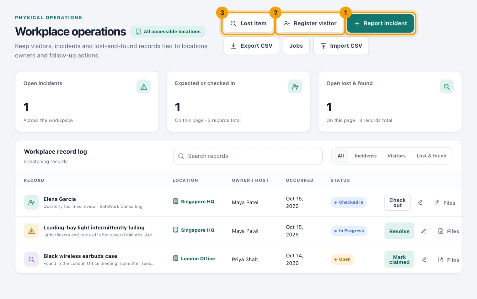 Workplace operations with Report incident, Register visitor and Lost item ringed